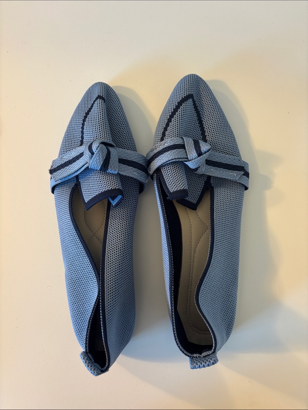 Light Blue Pointed Knit Loafer Flats with Knot Detail